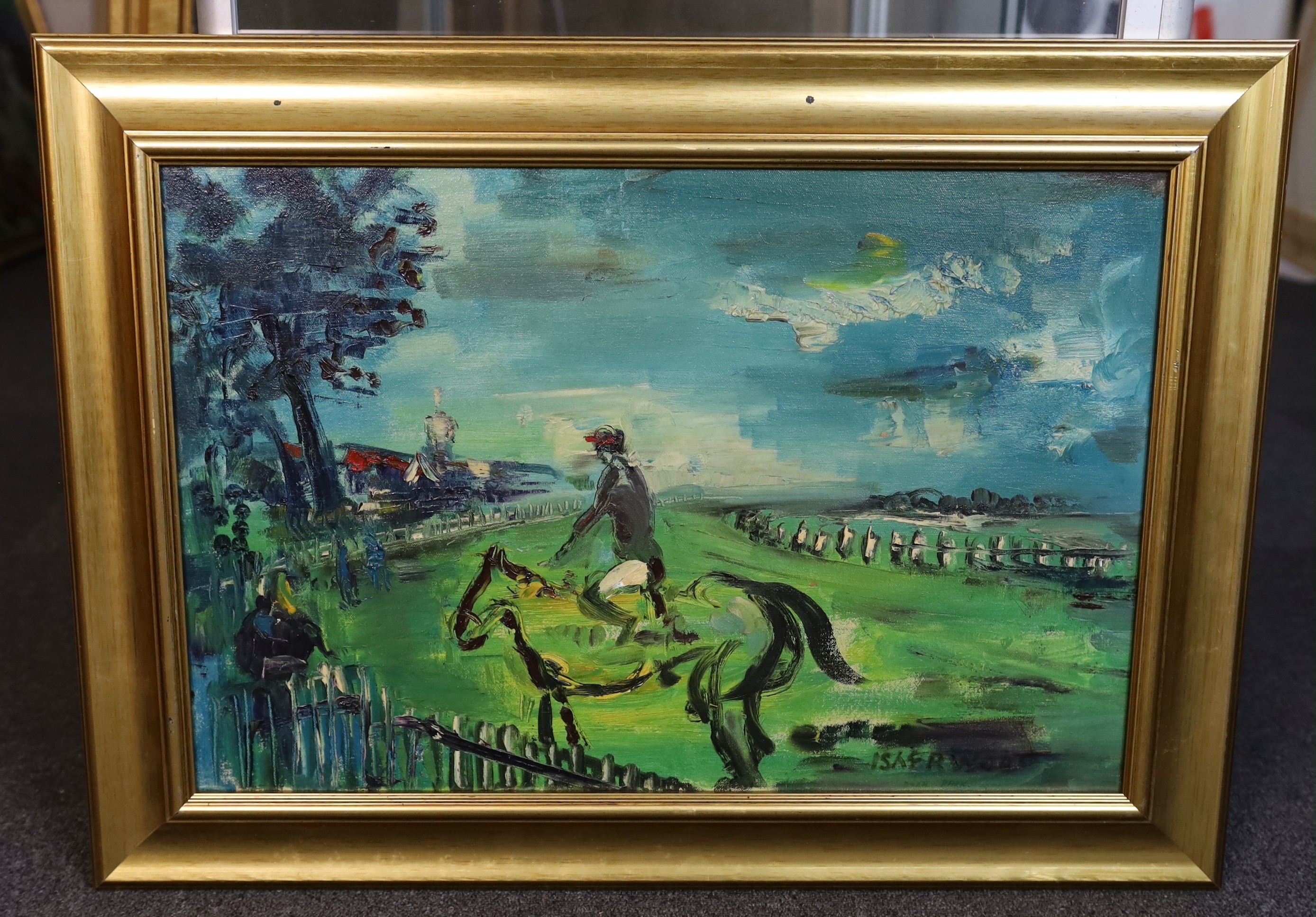 James Lawrence Isherwood (British, 1917- 1989), Horse at Haydock Park, oil on board, 40 x 60cm